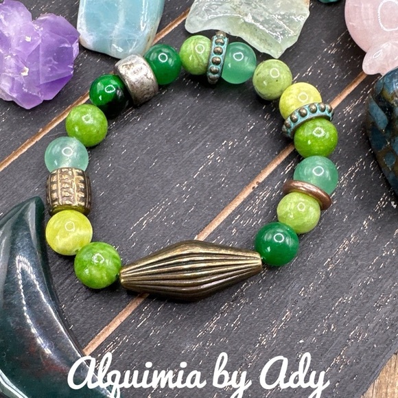 Aventurine green imperial jade chunky brass colorful bracelet - Picture 1 of 5